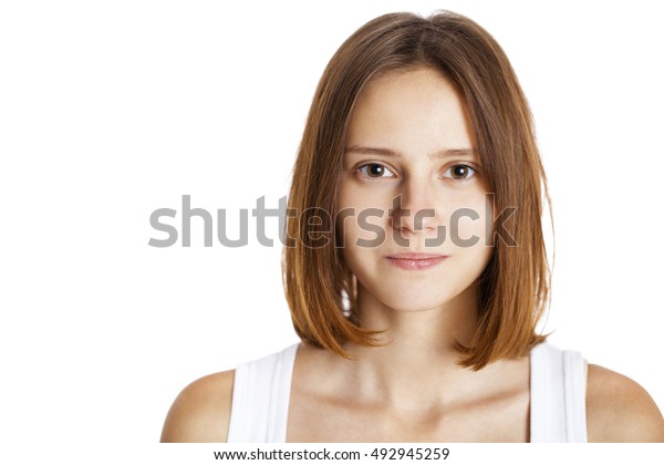 Portrait Brunette Woman Without Makeup Isolated Stock Photo (Edit Now