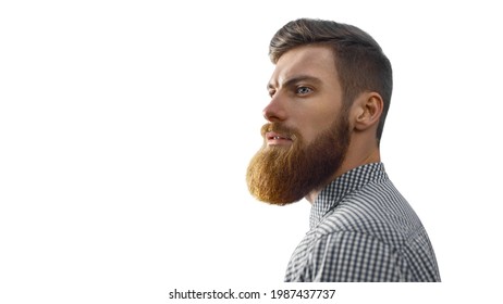 Portrait Brutal Bearded Hipster Man Isolated On White Background. Copy Space On Left