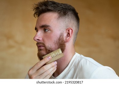 Portrait Brutal Handsome Bearded Man With Blue Eyes Holding Comb,  Natural Brush, Male Personal Self Care,  Products, Accessory For Growth Style Dark Brown Red Beard. Lifestyle People