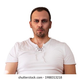 Portrait Of A Brutal Man With A Stern Look, Isolated On White Background