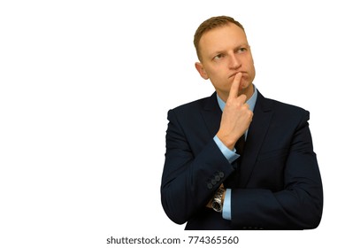 Portrait Of Buisness Man Looking Upwards Daydreaming Something, Thinking. Isolated On White Background.