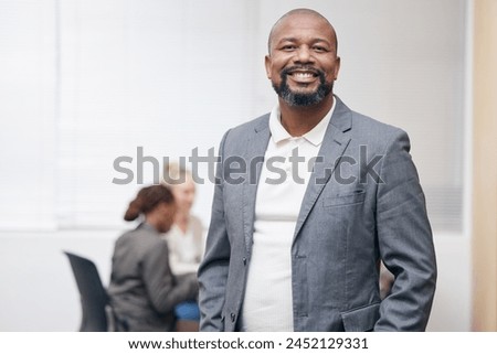 Portrait, business and happy black man in office, workplace or corporate company for job. Agent, confidence and smile of professional entrepreneur, employee and salesman in suit working for career