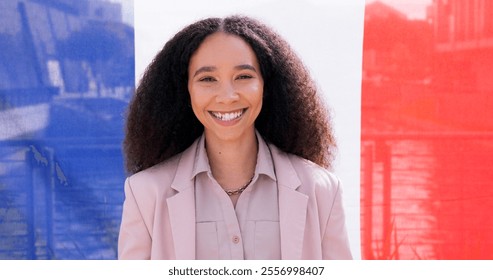 Portrait, business and happy woman with French flag for national pride, support or immigration. Face, smile and girl with France banner for patriotism, sports fan or culture with tricolor background - Powered by Shutterstock