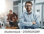 Portrait, business and man with arms crossed, glasses and happiness with startup, smile or confidence. Face, people or employee with coworkers, career ambition or agency for web design and office