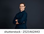 Portrait, business or man with arms crossed, glasses or professional on dark background. Face, person or entrepreneur with creative agency, copywriting or eyewear with career ambition or mockup space