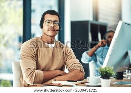 Portrait, business and man at desk, call center and telemarketing with helpline, crm and advice. Face, people and employees with headset, customer service or contact us for insurance agency in office