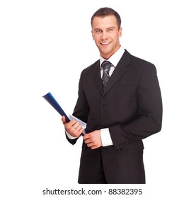 Portrait Of A Business Man With Documents Isolated On White Background. Studio Shot.