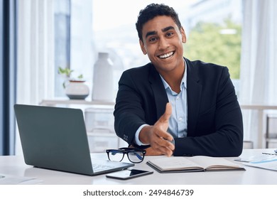 Portrait, business and man with handshake offer at desk for welcome, interview or job opportunity. Professional, laptop and human resources with gesture for greeting, introduction or recruitment - Powered by Shutterstock