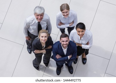 Portrait Business People Team , Office Staff Standing In Lobby Overhead View