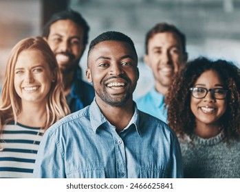 Portrait, business people and teamwork with creative agency, smile and cooperation in modern office. Face, group and men with women, team leader and collaboration with startup, joy and company growth - Powered by Shutterstock