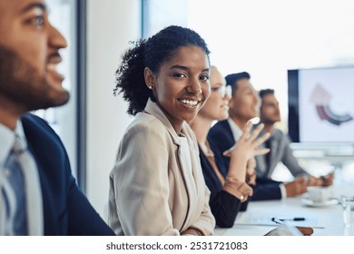 Portrait, business people and woman in meeting, feedback and seminar with results, review and proposal. Face, group and employee with convention, professional and workshop for corporate training - Powered by Shutterstock