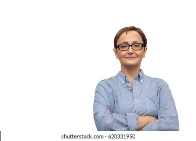 Portrait Of Business Woman Isolated On White Background. Headshot Of Middle Aged Women 40 50 Years Old Wearing Glasses And Shirt. 