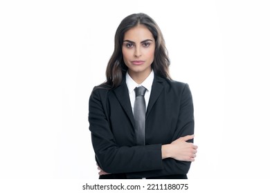 Portrait Of Business Woman In Suit Crossed Arms. Confidence Businesswoman Against Grey Background With Copy Space. Proud Student Girl. Beautiful Businesswoman.