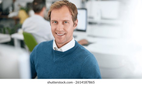 Portrait, businessman and computer in modern office for coding, web development and programming. Male person, software and pride at desk for engineering, technology and data processing for company