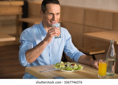 portrait of businessman having lunch in cafe, drinking water and eating fresh saland