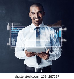 Portrait, businessman and tablet with overlay for finance dashboard, stock market and trading growth. Person, studio and digital for futuristic investment, graph increase and stats on dark background - Powered by Shutterstock - Get 15% off with code: PIKWIZARD15
