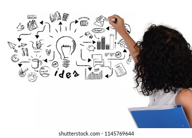 Portrait Of Businesswoman Drawing Profit Scketch. Business Concept. Isolated White Background.