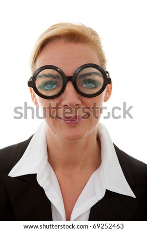 portrait of businesswoman with funny glasses over white background