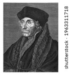 Portrait bust of the scholar Desiderius Erasmus. Below the portrait a verse in Latin; on the right the Dutch translation.