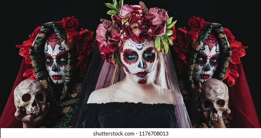 Day of the Dead Sugar Skull Plaster Hand Painted Mask with Flowers Halloween