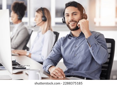 Portrait, call center and customer service with a man consulting using a headset in his support office. CRM, contact us or telemarketing with a male consultant working in an agency for communication