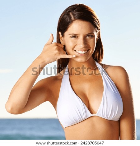 Portrait, call me and happy woman in bikini at beach for summer holiday, vacation or travel in nature. Face, phone gesture and person at sea for conversation, communication or flirting by ocean water