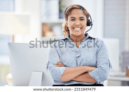 Portrait, callcenter and woman with arms crossed for telemarketing, customer service and support. Face, contact us and confident sales agent, happy consultant and crm employee from South Africa.