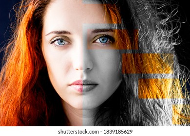 Porträt einer ruhigen pensiven jungen schönen Frau mit langen Haaren und blauen Augen. Modell, das im Studio auf dunklem Hintergrund posiert.