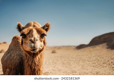 Portrait of a camel, close-up. View of a camel on the background of sand dunes of the desert