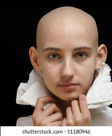 Portrait Cancer Survivor Girl On Black Background, Clipping Path