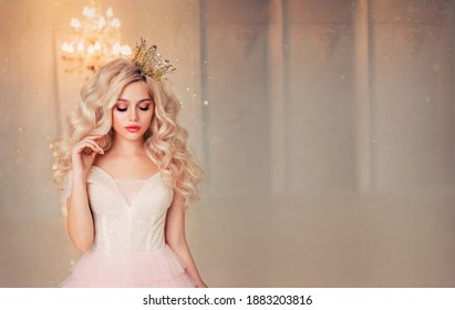 Portrait Capricious Fantasy Princess Girl. Blond Lond Hair Gold Crown. Fairy Tale Lady Woman In Vintage Dress. White Room Lamp Chandelier. Bored Fashion Model Queen. Free Space For Text Wide Screen