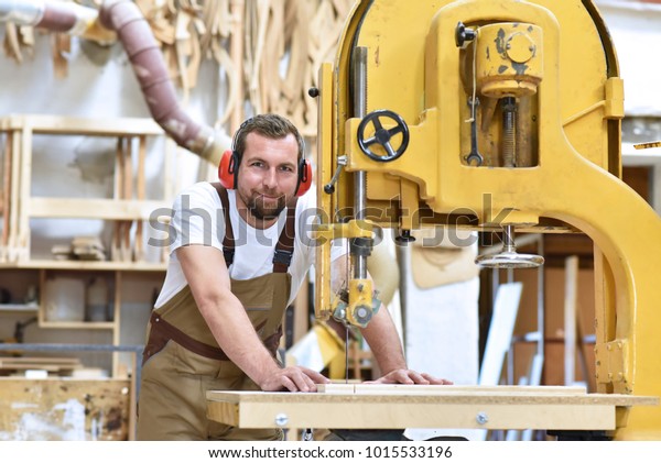portrait of a carpenter\
in work clothes and hearing protection in the workshop of a\
carpenter\'s shop 