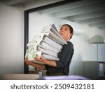 Portrait, carry and businesswoman with heavy paperwork in administration career crisis or workload. Folder, binder and overwhelmed administrator with stack or pile of documents for deadline workplace