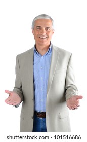 Portrait Of A Casual Middle Aged Man Wearing Blue Jeans, Dress Shirt And A Sport Coat. Man Has Both Hands Extended In Front Of Himself Over A White Background.