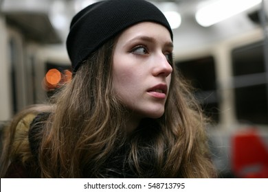 Portrait of casual troubled girl hipster in public transport - Powered by Shutterstock