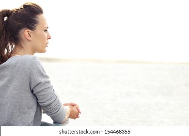 Portrait Of A Caucasian Active Woman Alone Thinking And Looking Away. Copy Space Right.