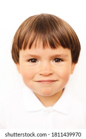 Portrait Of Caucasian Child With Smile. ID Or Passport Photo Little Happy Boy. Calm Interesting Kid In White Shirt.