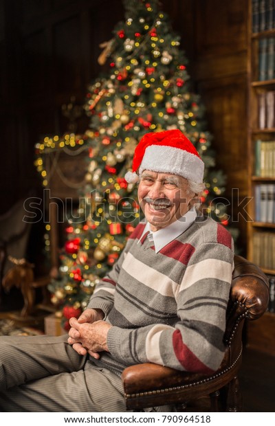 Portrait Caucasian Elderly Man Christmas Hat Stock Photo Edit Now 790964518