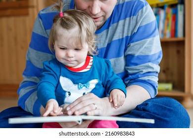 Portrait Of Caucasian Father Hold Story Book Reading With Daughter Little Girl. Home School Learn From Teacher, Education Happy Family Love Together, Bed Time Story Fathers Day Concept