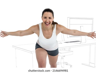 Portrait Of Caucasian Female Athlete Winning A Race Against Office Sketch On White Background. Sports And Business Concept