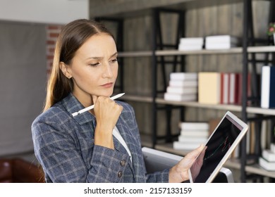 Portrait Of Caucasian Female Executive Thinking Financial And Working Plan For Employee On Tablet And Digital Pen. Businesswoman Or Worker Or Secretary Working Business In Corporate Office