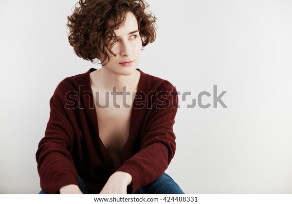 Portrait Caucasian Female Short Curly Hair Stock Photo Edit Now