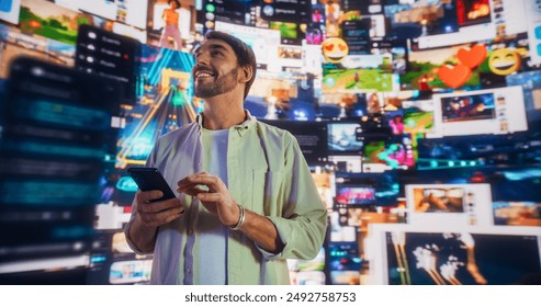 Portrait Of Caucasian Handsome Man Using Smartphone in 3D Cyberspace With Animated Social Media Interfaces, Video Games, Viral Videos, Internet Content. Visualization Of Blockchain Technology Concept. - Powered by Shutterstock