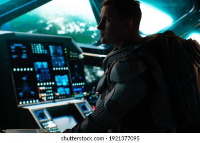 Portrait of Caucasian male astronaut inside spaceship cockpit. Sci-fi space exploration concept