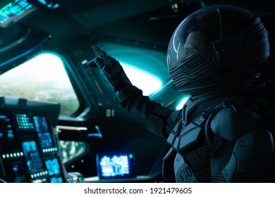 Portrait Of Caucasian Male Astronaut Inside Spaceship Cockpit. Sci-fi Space Exploration Concept