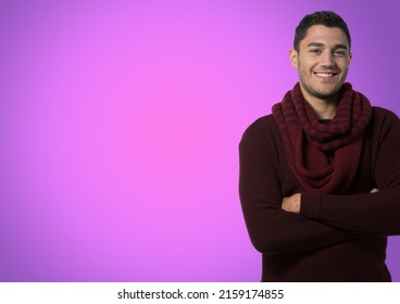 Portrait caucasian man and arms crossed smiling against copy space purple gradient background  people   emotions concept