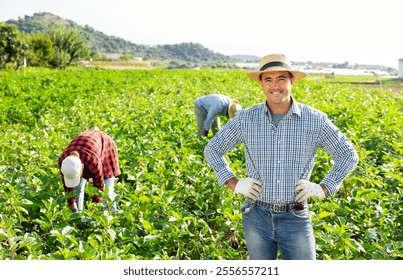 Portrait of caucasian man farmer in straw hat standing on vegetable field during harvest works. - Powered by Shutterstock