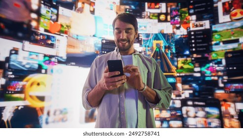 Portrait Of Caucasian Man Using Smartphone in 3D Cyberspace With Animated Social Media Interfaces, Video Games, Viral Videos, Internet Content. Visualization Of Blockchain Technology Concept.