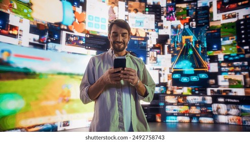Portrait Of Caucasian Man Using Smartphone in 3D Cyberspace With Animated Social Media Interfaces, Online Video Games, Viral Videos, Internet Content. Visualization Of Blockchain Technology Concept.