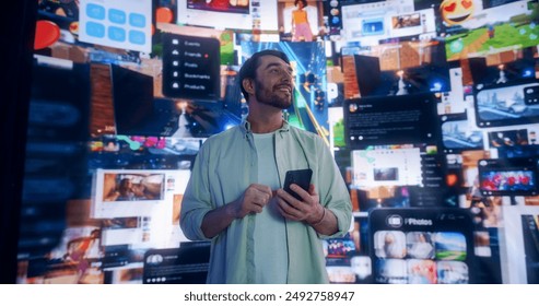 Portrait Of Caucasian Man Using Smartphone in 3D Cyberspace With Animated Social Media Interfaces, Online Games, Videos, and Internet Content. Visualization Of Male Enthusiast Surfing the Web Network.